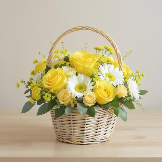 Regular size yellow rose and daisy flower basket featuring vibrant yellow roses, white daisies, and greenery arranged in a woven wicker basket — Escondido florist.