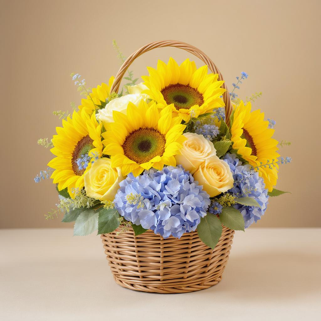 The Law of Conversation – Sunflower & Blue Hydrangea Basket