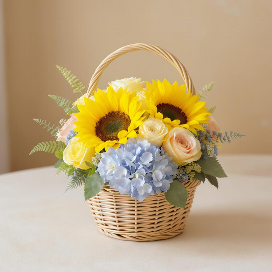 The Law of Conversation – Sunflower & Blue Hydrangea Basket