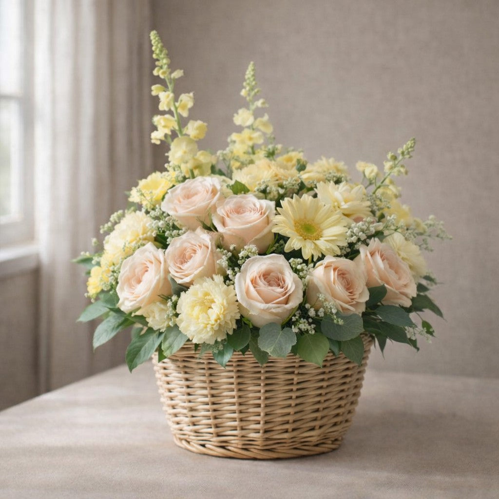 Soft Sunshine Basket – Blush Roses &amp; Yellow Blooms in a natural woven basket.