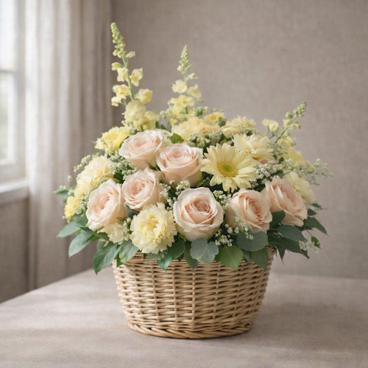 Soft Sunshine Basket – Blush Roses & Yellow Blooms