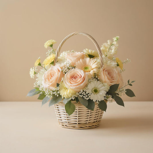 Regular size pastel flower basket featuring soft peach roses, white daisies, yellow accent blooms, and greenery arranged in a woven wicker basket — Same-day flowers Vista.