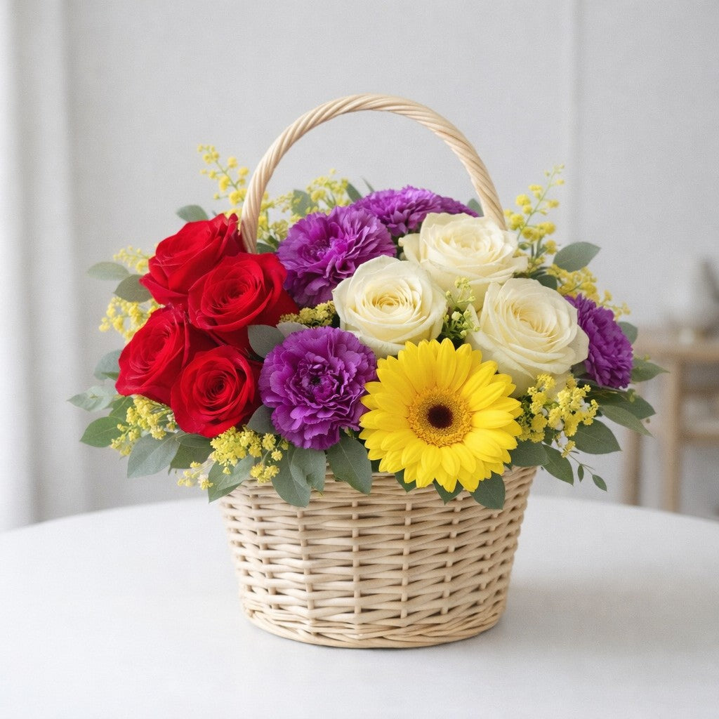 Radiant flower basket with red roses, ivory roses, yellow gerbera daisy and purple carnations – Vista flower delivery