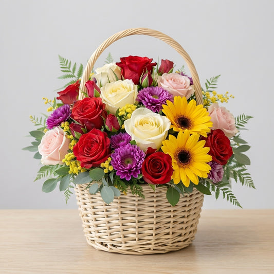 Radiant flower basket with red roses, ivory roses, yellow gerbera daisy and purple carnations – Vista flower delivery