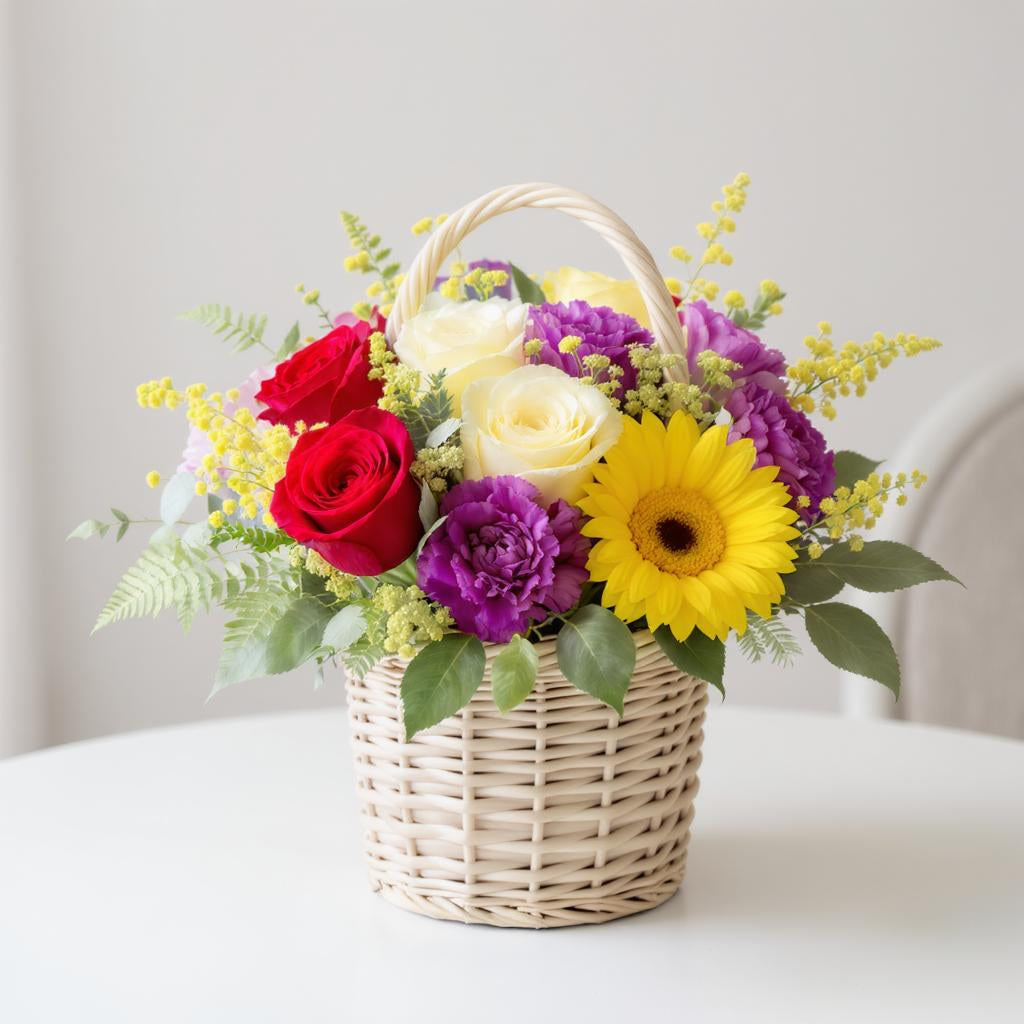 Regular size vibrant flower basket featuring red roses, yellow gerberas, purple chrysanthemums, and mixed greenery arranged in a woven wicker basket — Fresh flowers Vista CA.