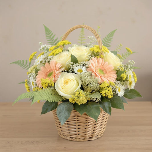 Regular size pastel flower basket featuring cream roses, peach gerberas, yellow blooms, and greenery arranged in a woven wicker basket on a wooden table — San Marcos florist.