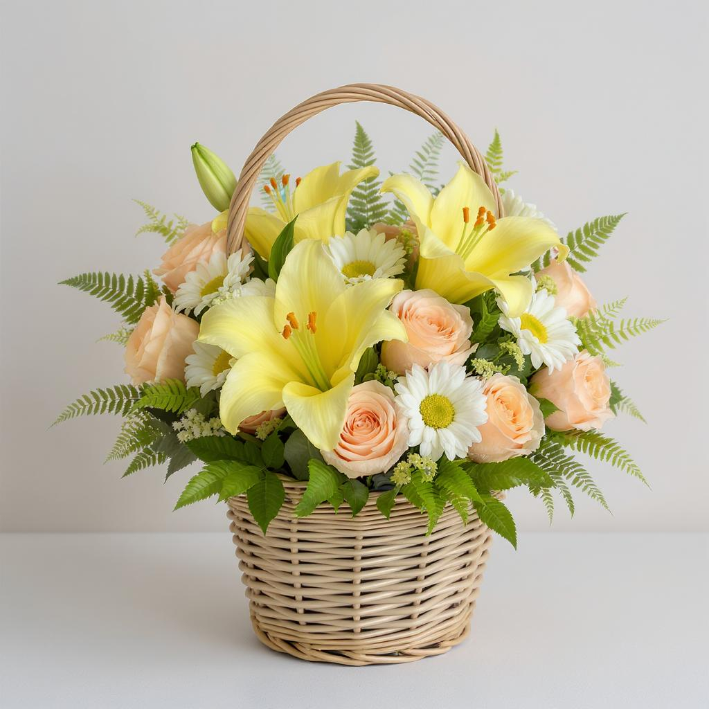 The Law of Praise – Yellow Lily, Peach Rose & Daisy Basket