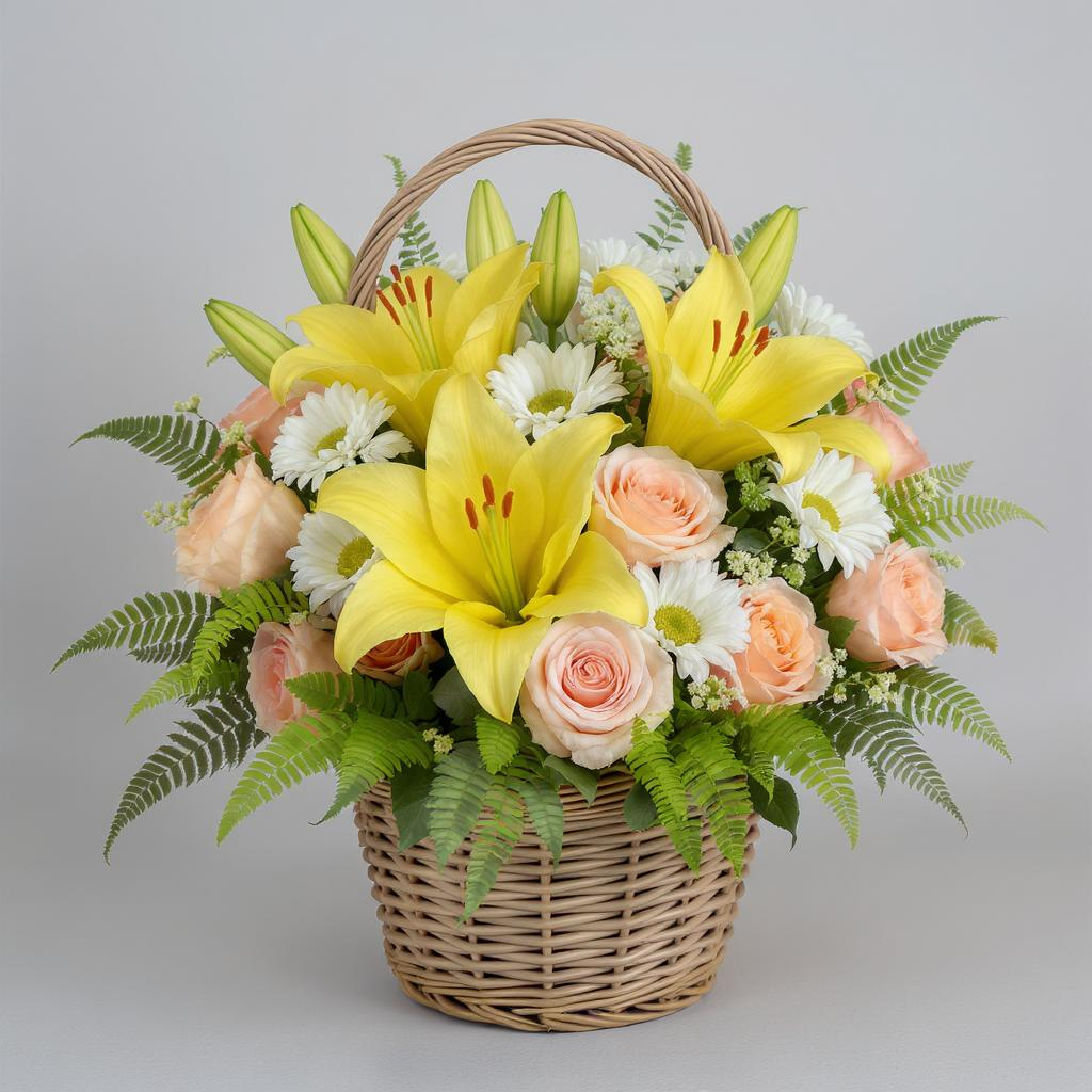 The Law of Praise – Yellow Lily, Peach Rose & Daisy Basket