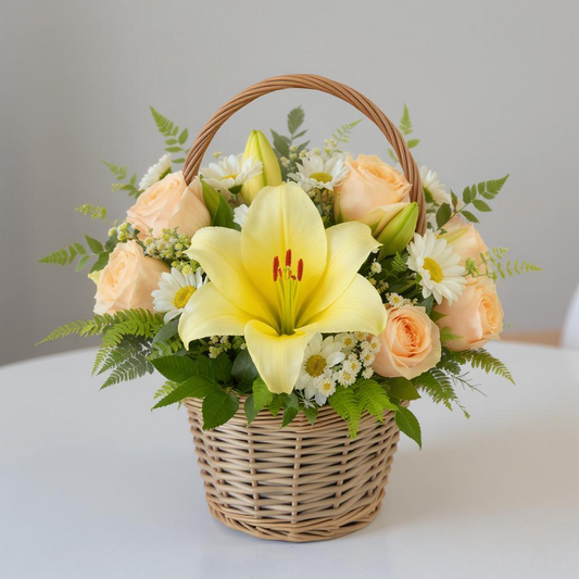 The Law of Praise – Yellow Lily, Peach Rose & Daisy Basket