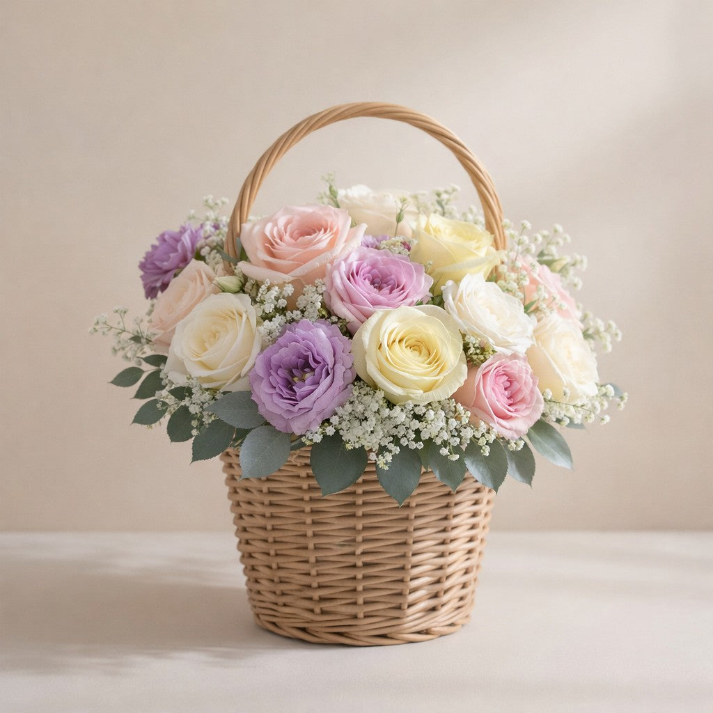 Deluxe pastel rose basket with lavender and baby’s breath – Vista CA flower delivery