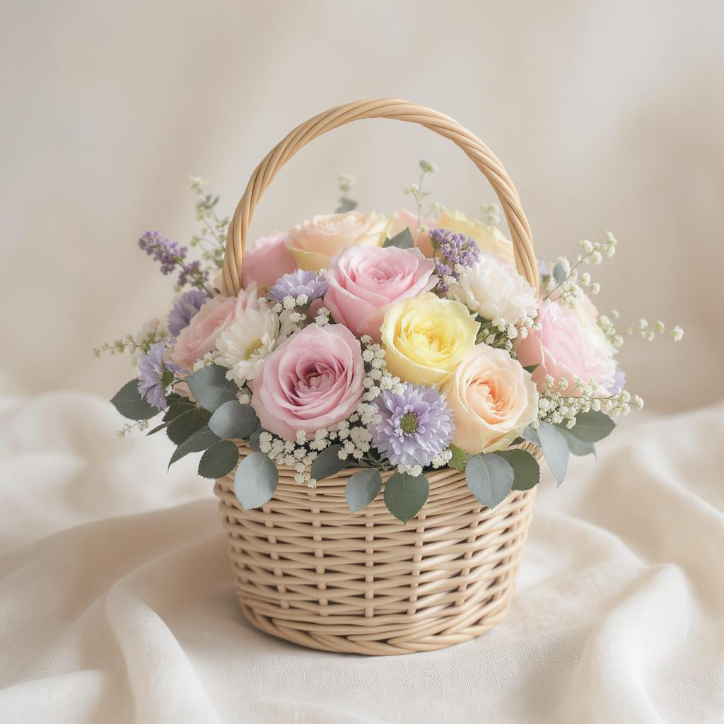 Regular pastel rose basket arrangement with soft lavender accents – Vista CA flower delivery