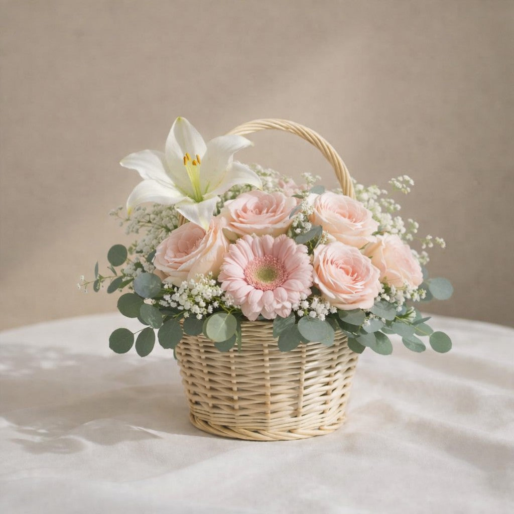 Blush & White Lily Rose Basket Arrangement