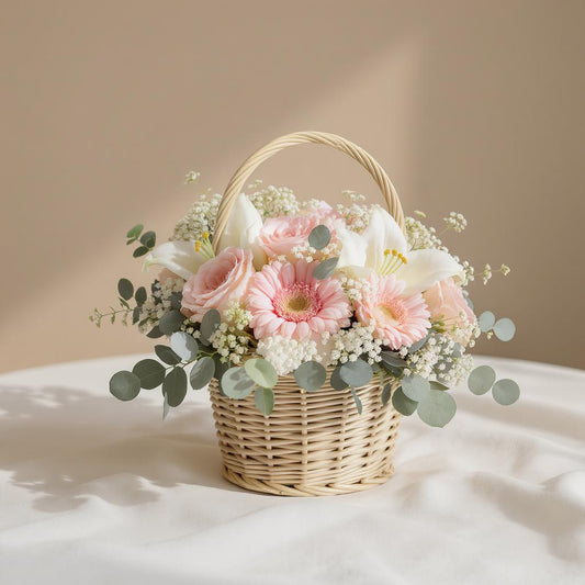 Regular size pastel flower basket featuring soft pink gerberas, cream roses, and eucalyptus greenery arranged in a woven basket on a white cloth — Fresh flowers San Marcos CA.
