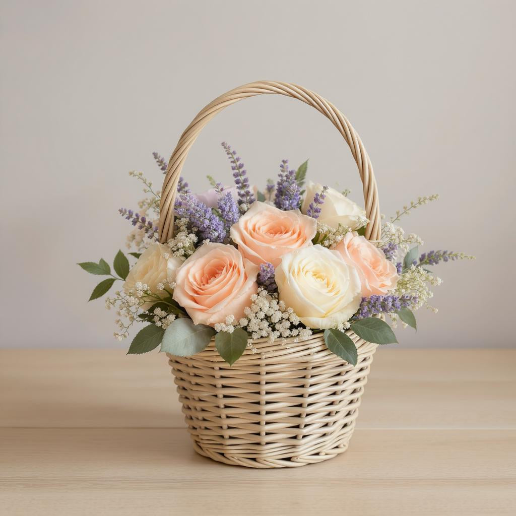 Regular size flower basket featuring peach and cream roses with soft lavender accents arranged in a woven basket on a light wooden table — Same-day flowers San Marcos.