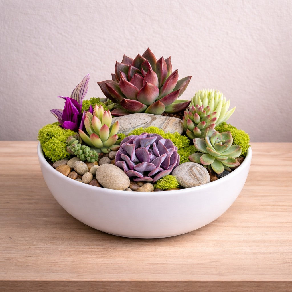 Long-lasting succulent bowl arrangement in white ceramic bowl for office and lobby décor – North San Diego delivery