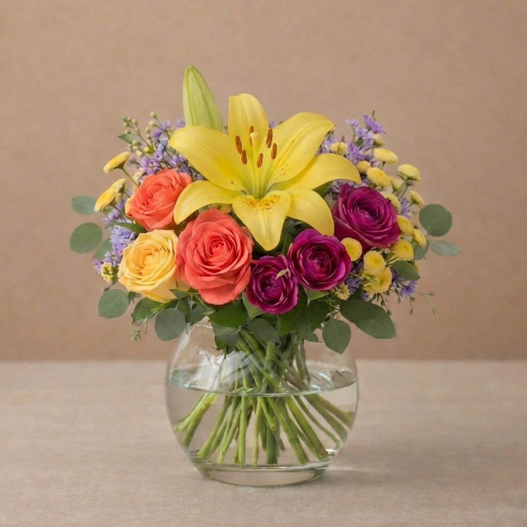 Regular size yellow lily and red rose arrangement with yellow button mums and fresh greenery in a clear glass vase – San Marcos flower delivery