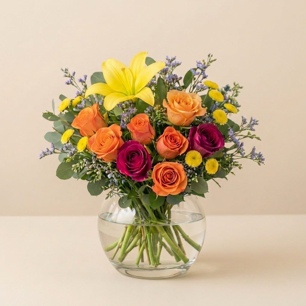 Full size Amber Celebration yellow lily and orange rose bouquet in clear glass vase with eucalyptus and yellow button blooms – San Marcos flower delivery