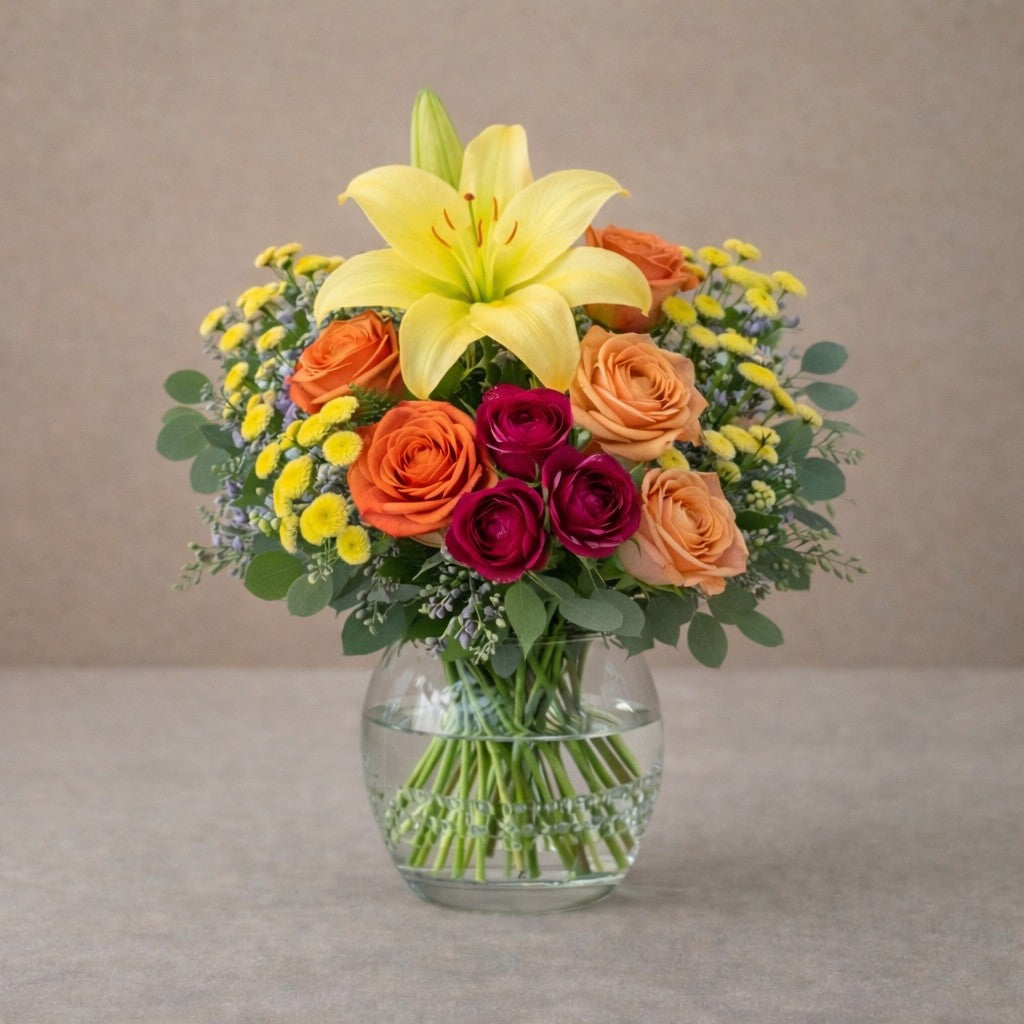 Deluxe size yellow lily and red rose bouquet with fuller blooms, yellow button mums, and lush greenery in a clear glass vase – San Marcos flower delivery