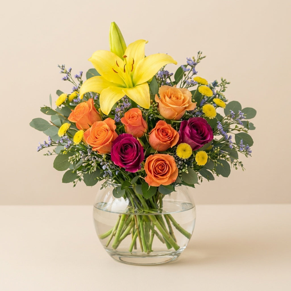 Full size Amber Celebration yellow lily and orange rose bouquet in clear glass vase with eucalyptus and yellow button blooms – San Marcos flower delivery