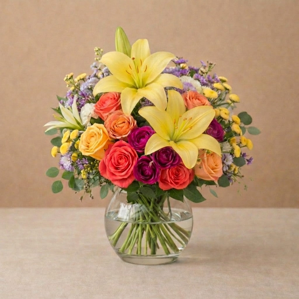 Premium size yellow lily and red rose arrangement featuring abundant blooms, yellow button mums, and rich greenery in a clear glass vase – San Marcos flower delivery