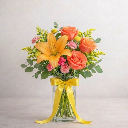Regular size amber elegance vase arrangement featuring orange lilies, orange roses, yellow button mums, and fresh greenery in a clear glass vase – Encinitas flower delivery.