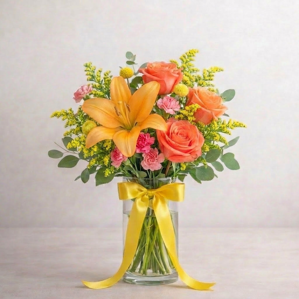 Regular size amber elegance vase arrangement featuring orange lilies, orange roses, yellow button mums, and fresh greenery in a clear glass vase – Encinitas flower delivery.