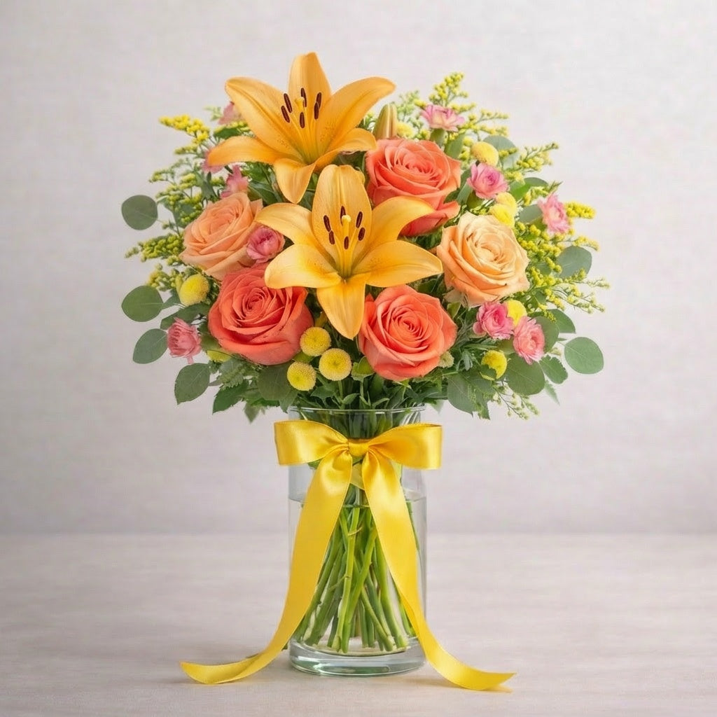 Deluxe size amber elegance bouquet with fuller orange lilies, additional roses, yellow button mums, and balanced greenery arranged in a clear glass vase – Encinitas flower delivery.