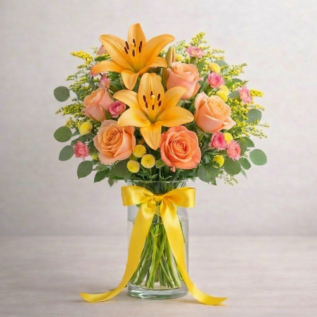 Full size amber elegance bouquet with fuller orange lilies, additional roses, yellow button mums, and balanced greenery arranged in a clear glass vase – Encinitas flower delivery.