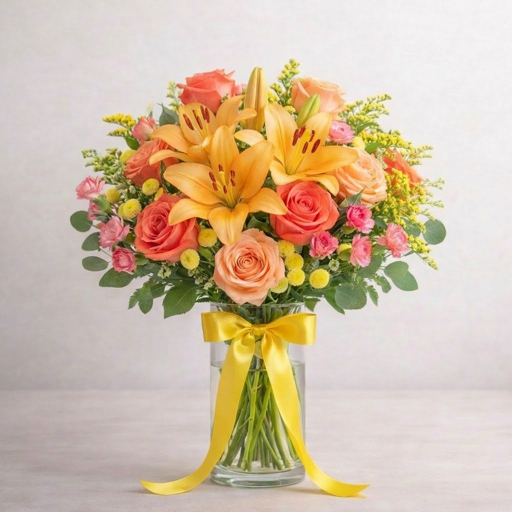 Extra full size amber elegance floral arrangement featuring abundant orange lilies, lush roses, yellow button mums, and rich greenery in a clear glass vase – Encinitas flower delivery.