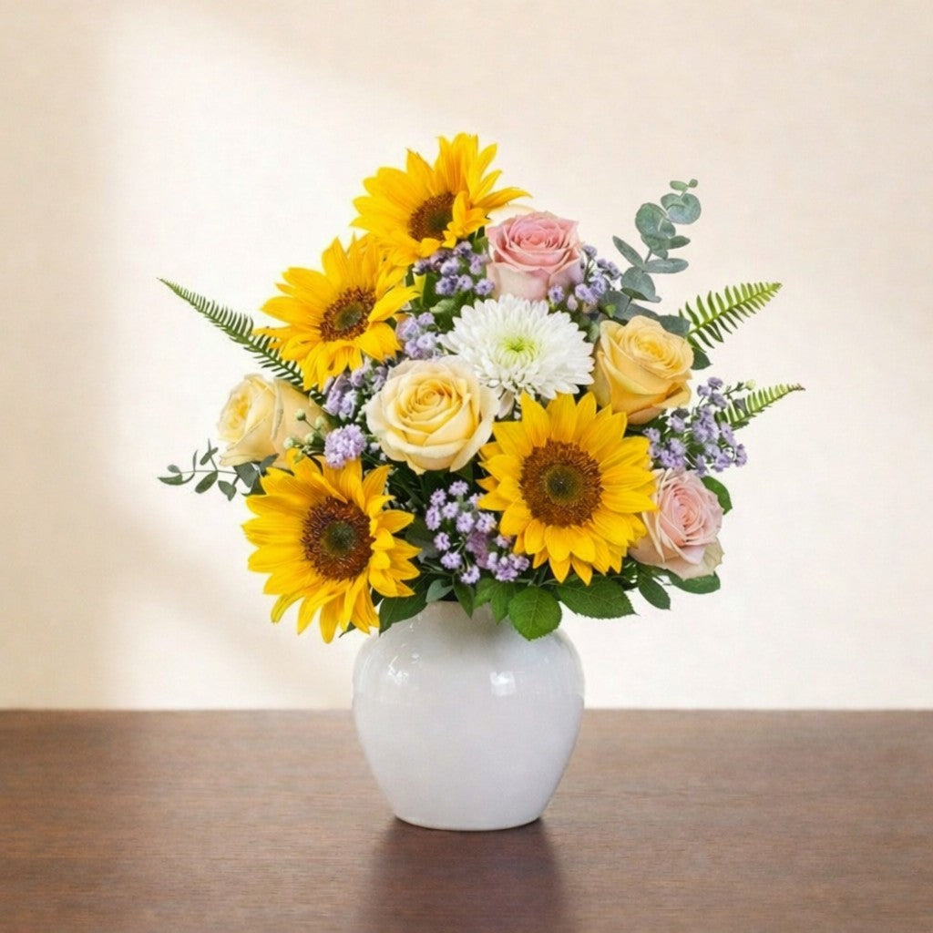 Full size birthday bouquet with fuller sunflowers, additional pink roses, white button mums, soft filler flowers, and lush greenery in a white ceramic vase – Vista florist.