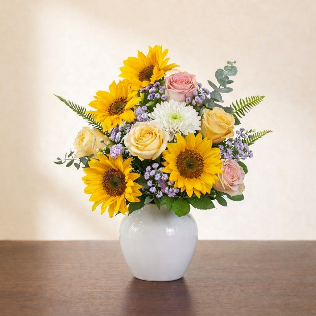 Full size birthday bouquet with fuller sunflowers, additional pink roses, white button mums, soft filler flowers, and lush greenery in a white ceramic vase – Vista florist.
