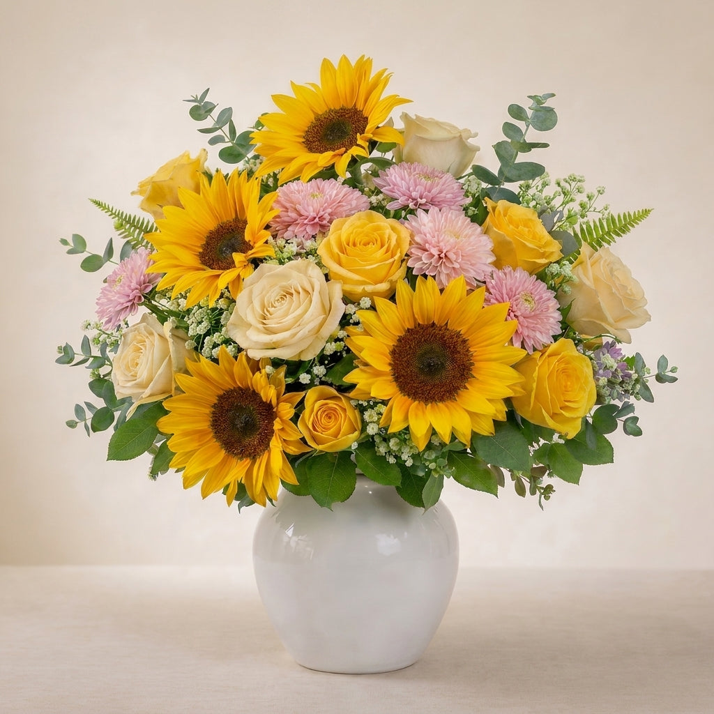 Extra full size birthday bouquet featuring abundant sunflowers, pink and yellow roses, white button mums, layered filler flowers, and lush greenery in a white ceramic vase – Vista florist.