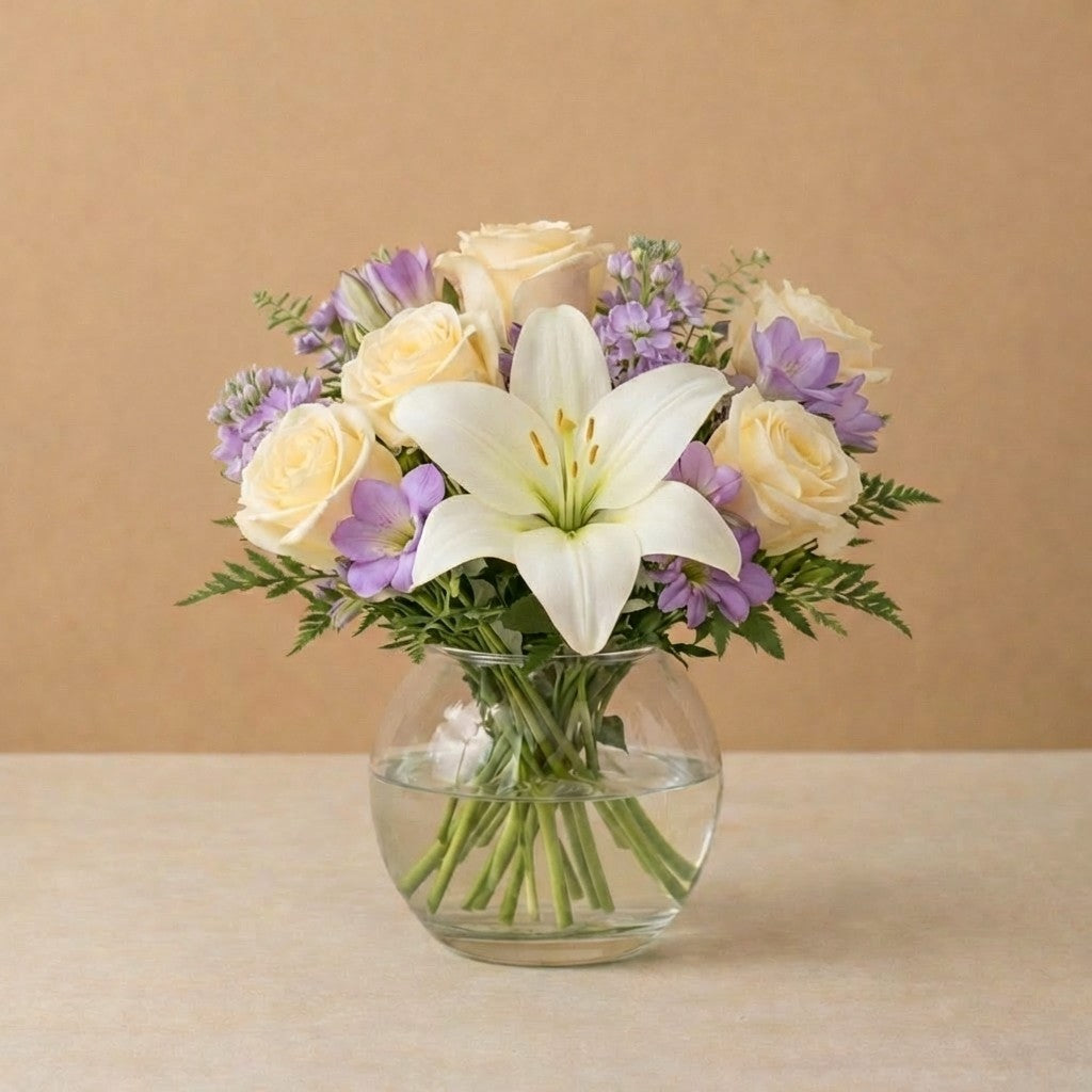 Blushing Harmony vase arrangement with yellow lilies, cream roses and violet asters in a clear round glass vase — Same-day flowers Vista.