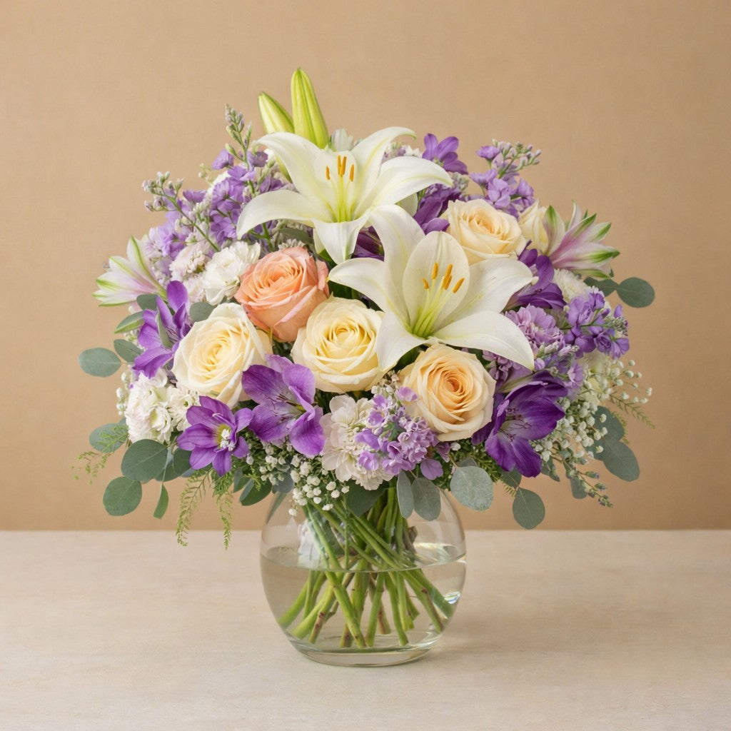 Garden-style floral arrangement featuring yellow lilies, roses and violet asters in a clear glass vase — Same-day flowers Vista.