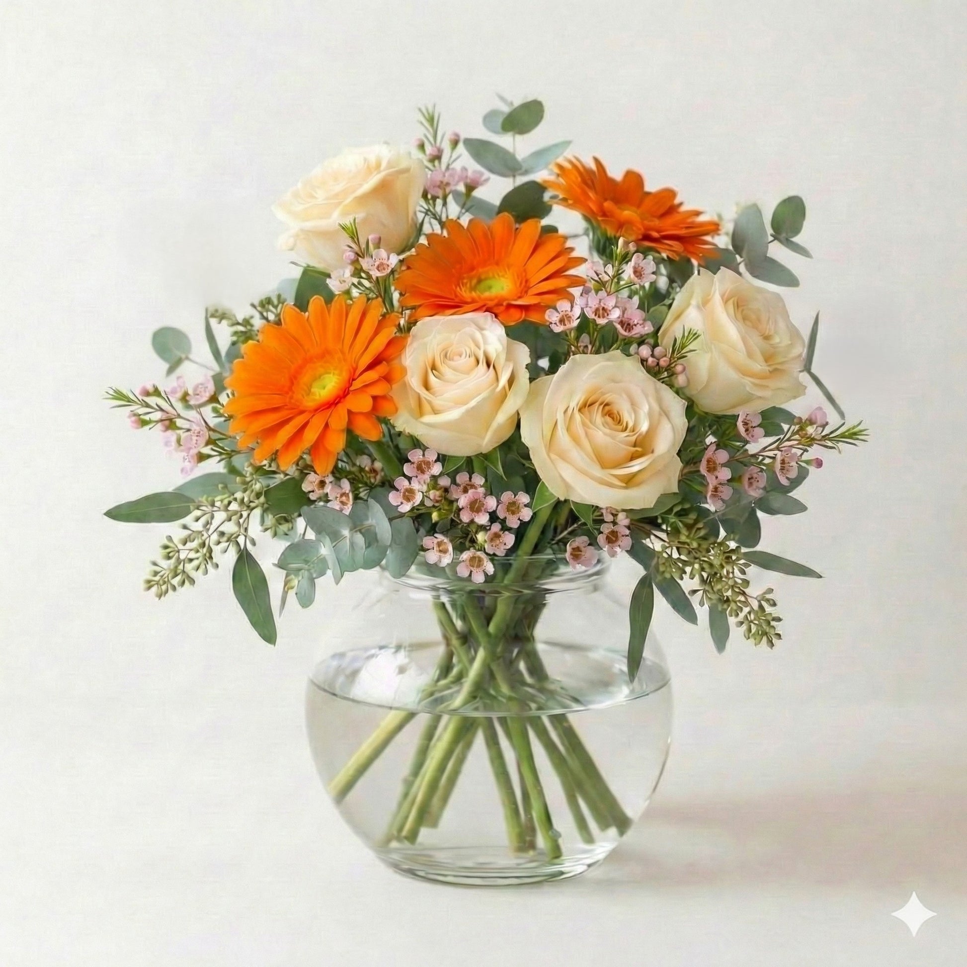 Citrus Harmony orange gerbera and cream rose vase arrangement, regular size, flower delivery in Escondido