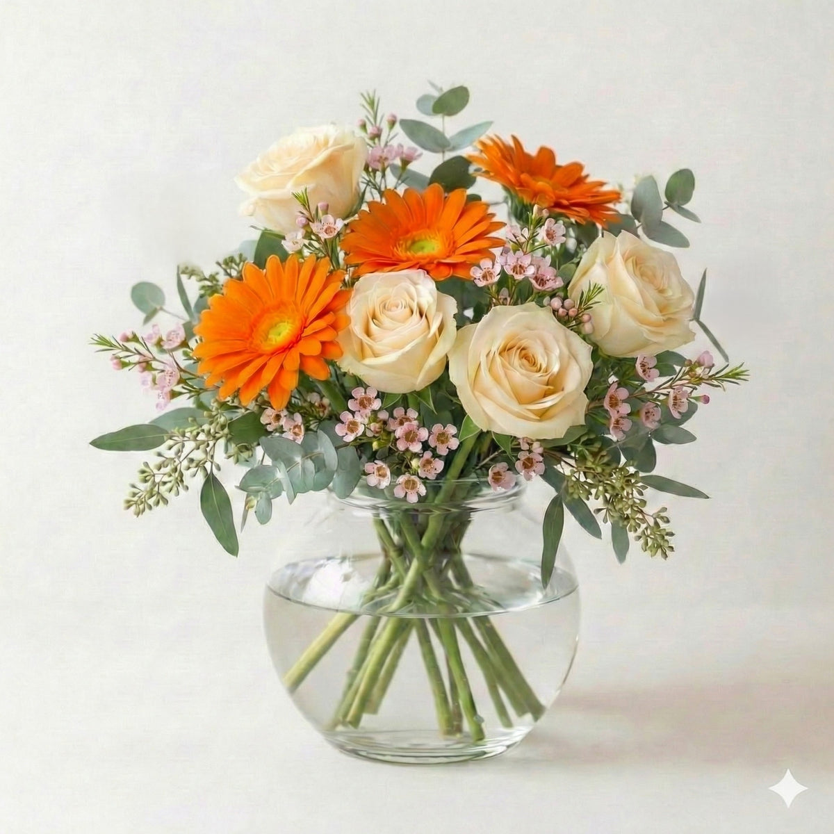 Citrus Harmony Orange Gerbera &amp; Cream Rose Vase Arrangement with orange gerberas, cream roses, and greenery.