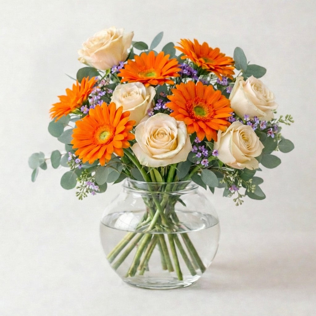Citrus Harmony orange gerbera and cream rose vase arrangement, deluxe size, flower delivery in Escondido