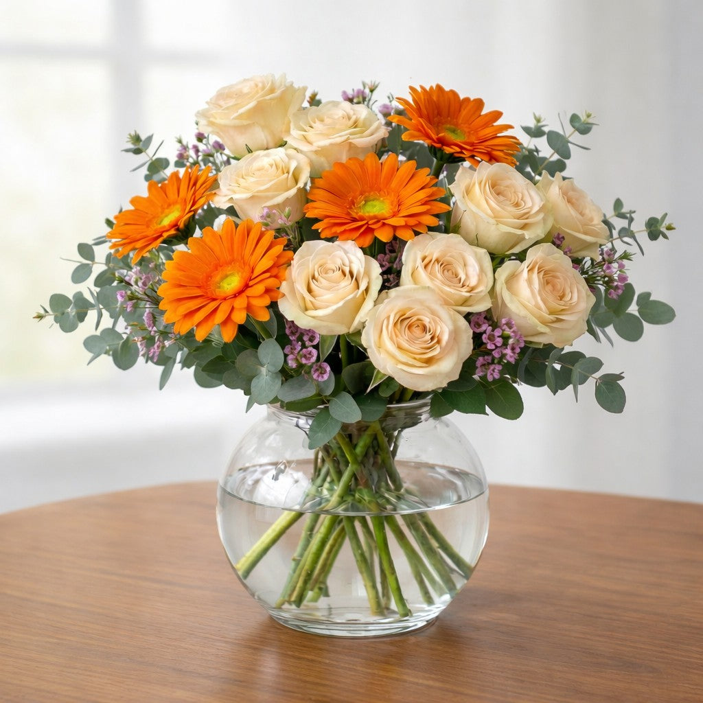 Citrus Harmony Orange Gerbera &amp; Cream Rose Vase Arrangement in clear vase with greens and accents.
