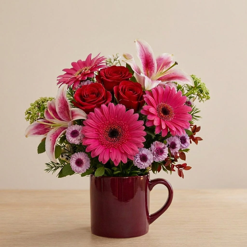 Bright pink gerbera daisies, red roses, and pink lilies arranged in a burgundy mug vase with fresh greenery — San Marcos flower delivery.