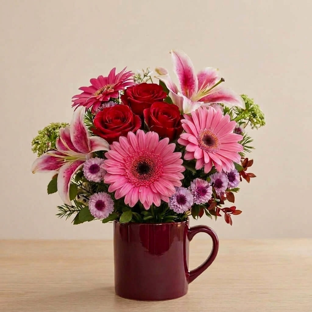 Red and pink rose arrangement in a vibrant floral design