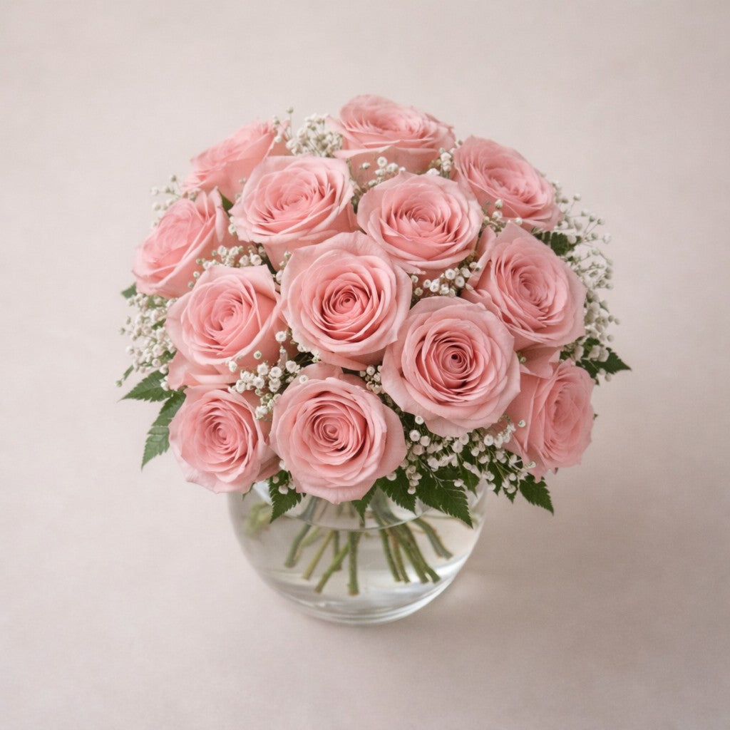 Top view of elegant blush rose bouquet featuring 18 premium blush pink roses arranged in a clear vase – San Marcos flower delivery.