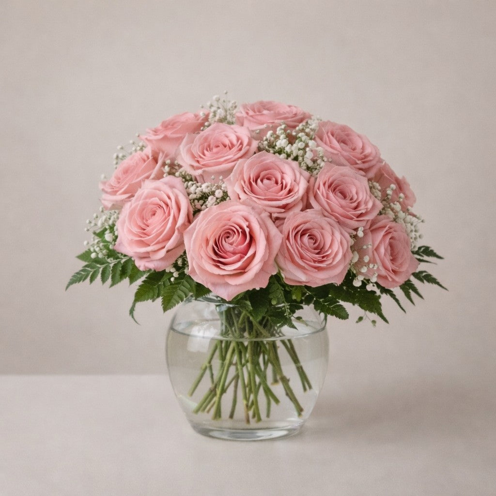 Elegant blush rose bouquet featuring 18 premium blush pink roses arranged in a clear vase – San Marcos flower delivery.