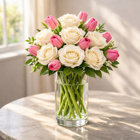 Deluxe white rose and pink tulip vase arrangement for flower delivery in Encinitas, California