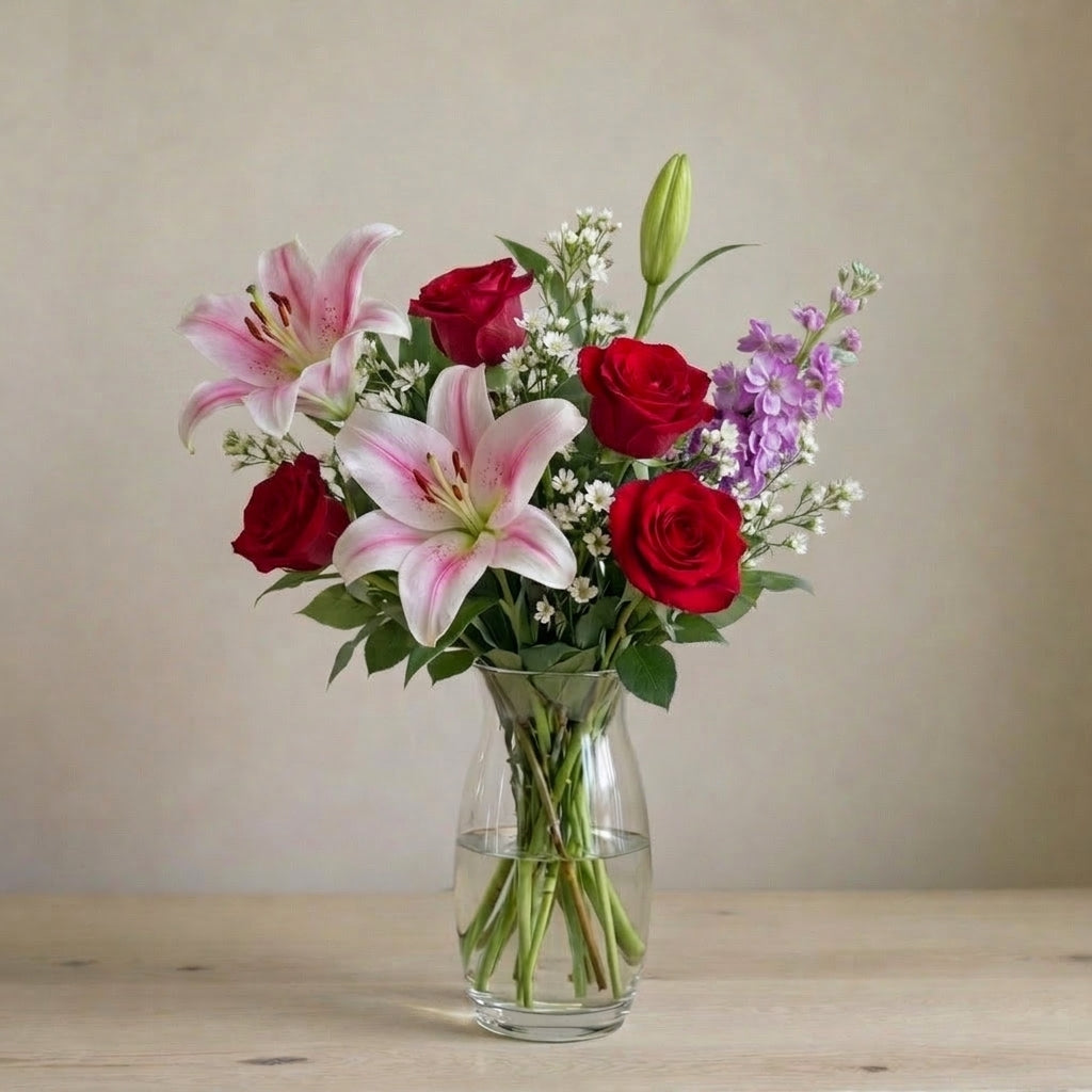 Elegant Harmony bouquet with pink lilies, red roses and purple blooms in a tall glass vase, regular size, flower delivery in Encinitas