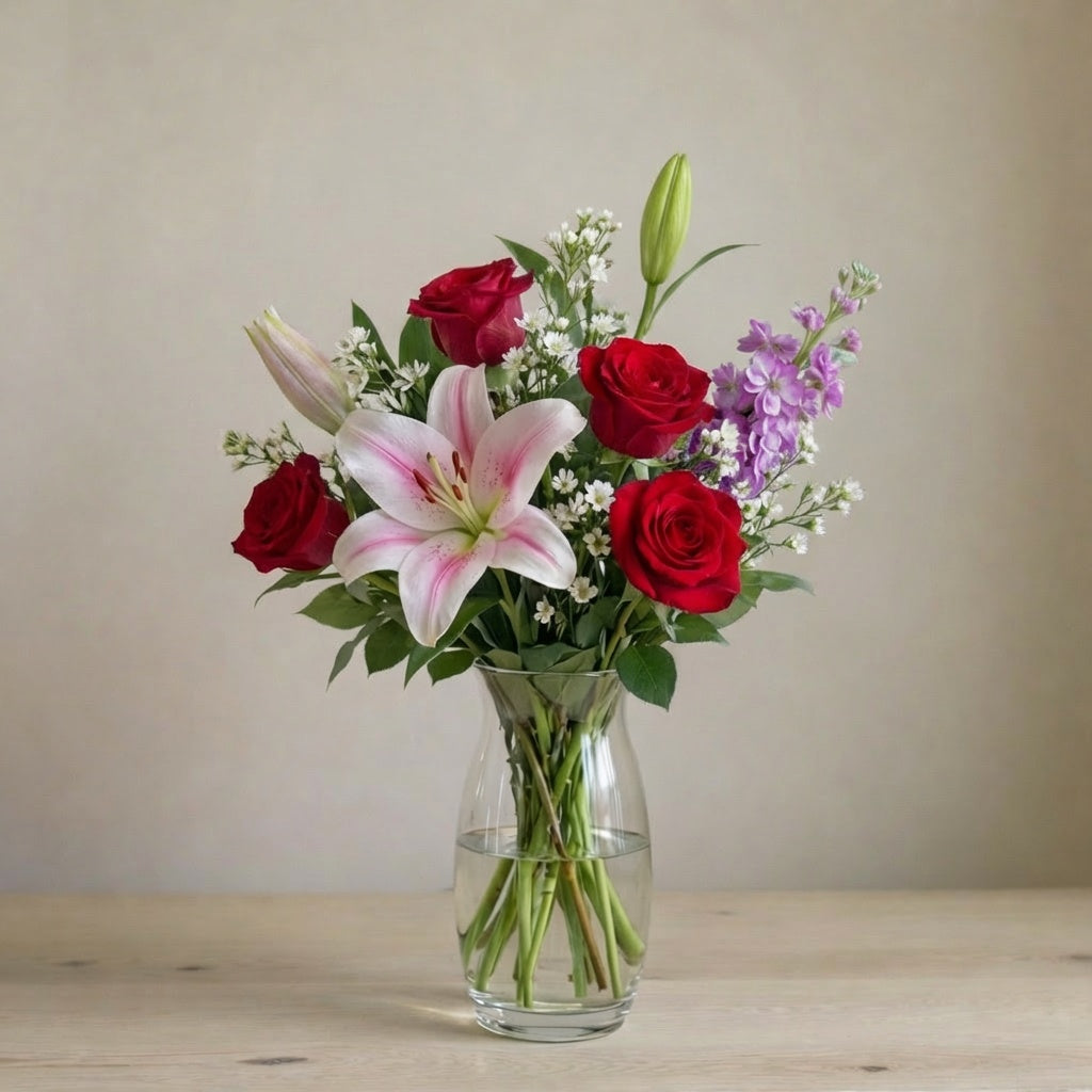 Elegant Harmony bouquet with pink lilies, red roses and purple blooms in a tall glass vase, regular size, flower delivery in Encinitas