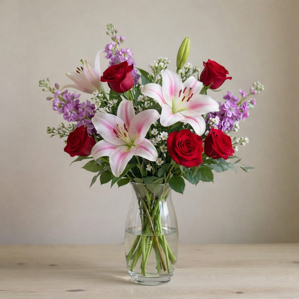 Elegant Harmony bouquet with pink lilies, red roses and purple blooms in a tall glass vase, deluxe size, flower delivery in Encinitas