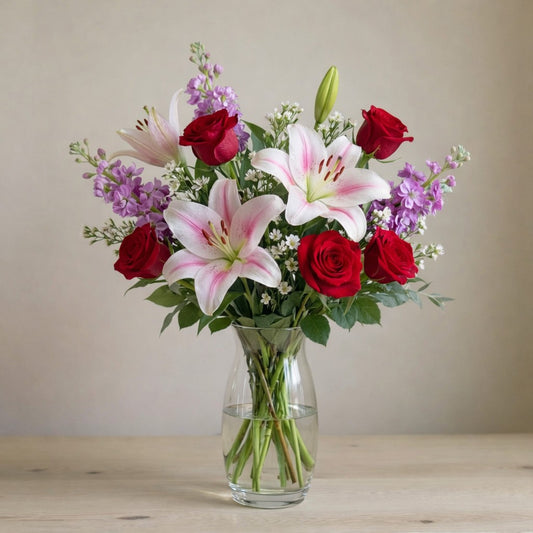 Full size Elegant Harmony bouquet with pink lilies, red roses and purple blooms in a tall glass vase, deluxe size, flower delivery in Encinitas