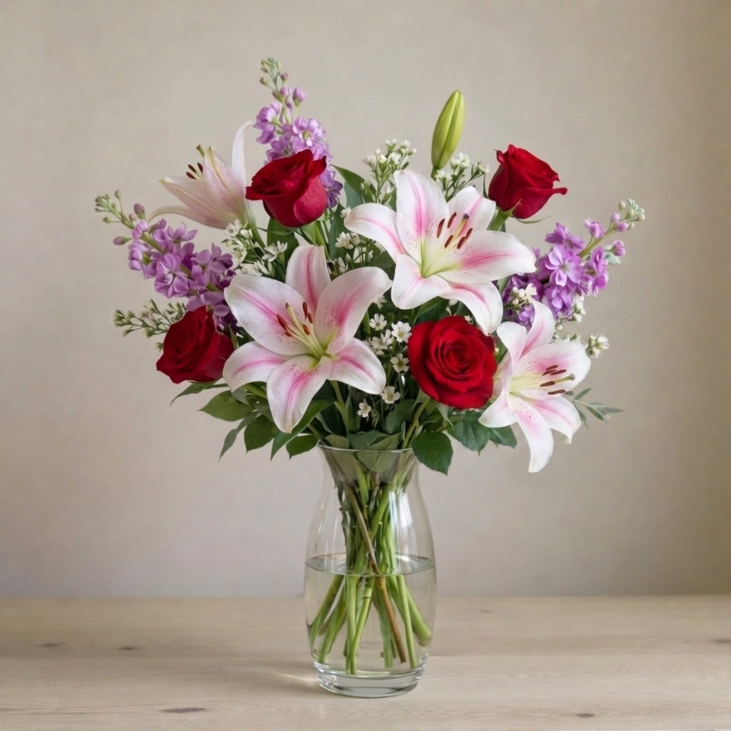 Full size Elegant Harmony bouquet with pink lilies, red roses and purple blooms in a tall glass vase, deluxe size, flower delivery in Encinitas