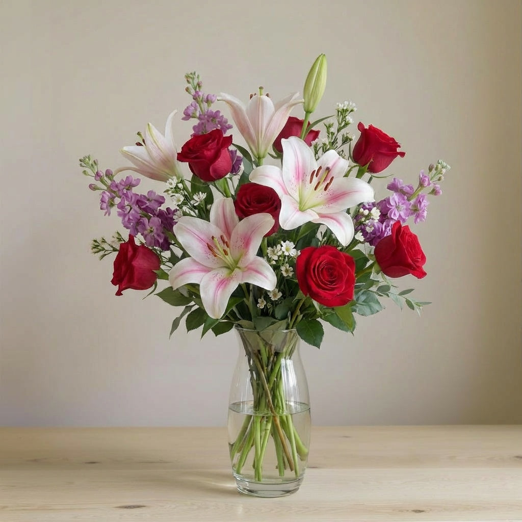 Extra full size Elegant Harmony bouquet with pink lilies, red roses and purple blooms in a tall glass vase, premium size, flower delivery in Encinitas