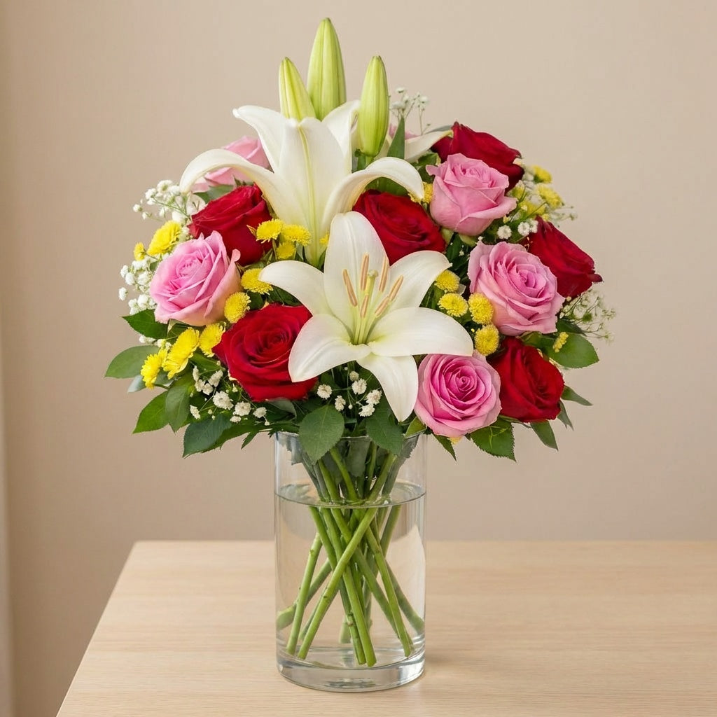 Elegant Lily &amp; Rose Harmony Vase featuring white lilies, red and pink roses in a clear glass vase.